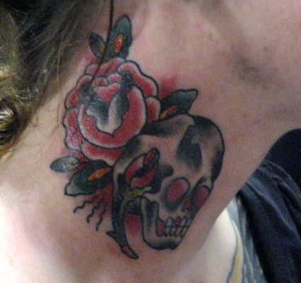 Rose And Scull Tattoos On Neck